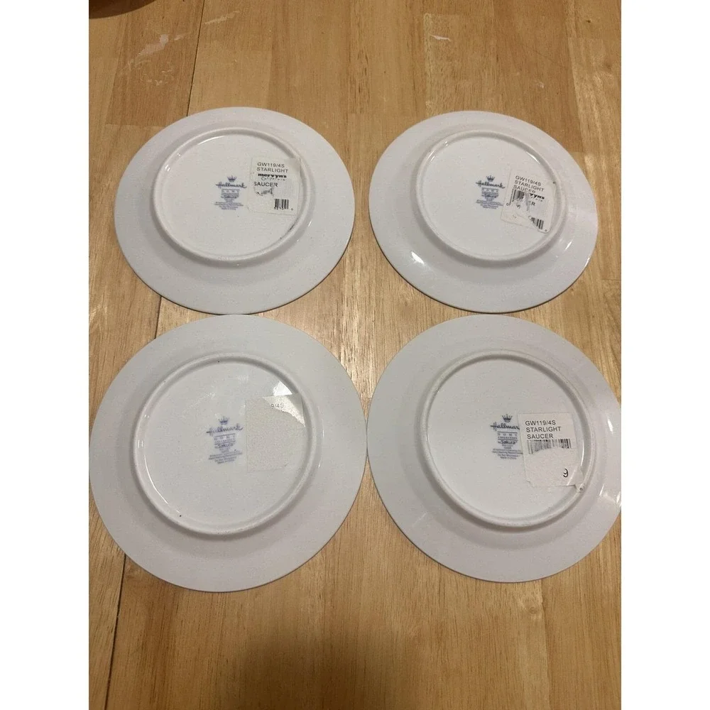 Set of 4 Sakura Hallmark Star‎ Light Christmas Saucers Cobalt Blue/Gold Trim